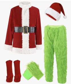 ADOMI Christmas Costume for Men Green Furry Monster 8PCS Deluxe Adult Santa Suit Xmas Outfit Set Halloween Holiday