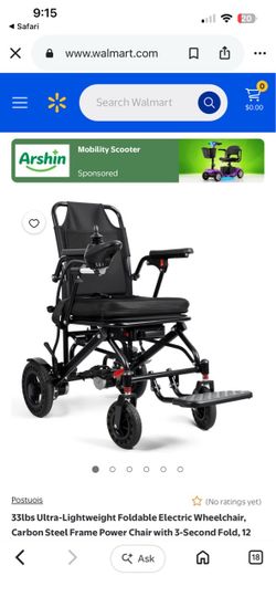 33lbs Ultra-Lightweight Foldable Electric Wheelchair, Carbon Steel Frame Power Chair with 3-Second Fold, 12 Mile Range, Dual 250W Motors for Seniors &