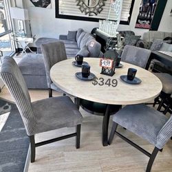5-pc Dining Table Set With Grey Upholstered Chairs 