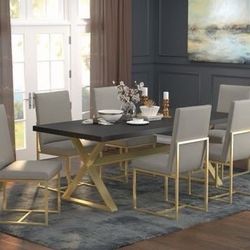 Brand New 7 PC Dark Walnut/Gold Dining Set