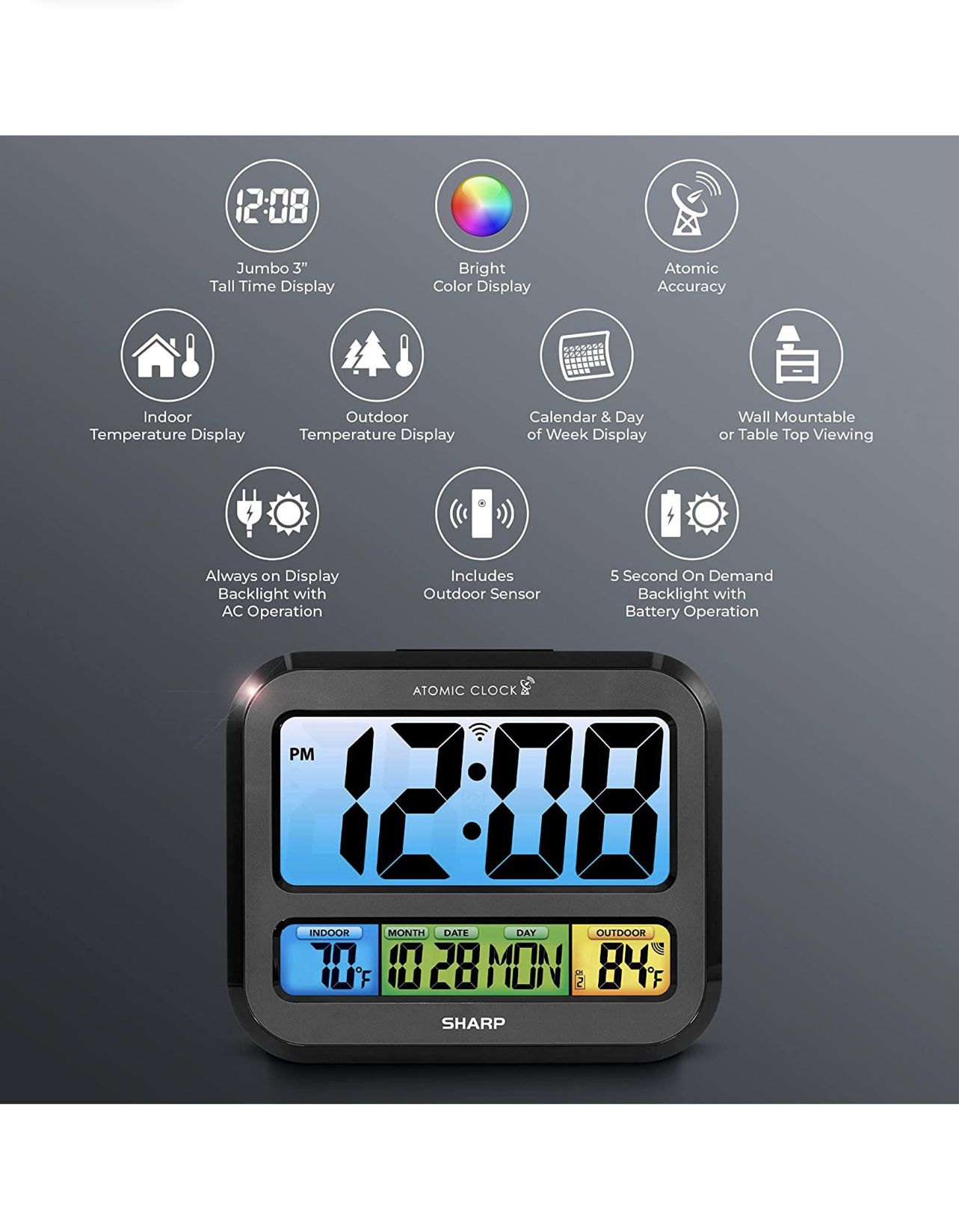 SHARP Atomic Clock – New Version with Always-On Bright Color Display, Atomic Accuracy, Jumbo 3" Easy to Read Numbers - Indoor/ Outdoor Temperature, Wi
