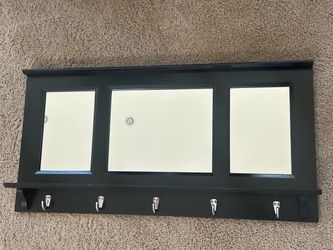 36” x 18” Black Wood Entryway Wall Mirror with 5 Coat Hooks & Shelf