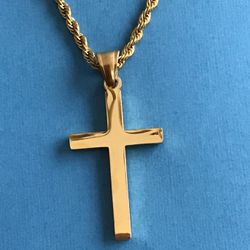 Men’s Gold On Stainless Steel Cross Pendant On Rope Chain *Pickup Boca Raton Or Ship Nationwide 