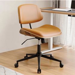 Armless Office Chair with Wheels, PU Leather Desk Chair, Brown Adjustable Height Task Chair, 360° Swivel Ergonomic Computer Chair for Small Space, Mod