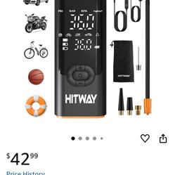 HITWAY Portable Electric Inflator Pump Supports up to 150PSI, fast inflation, suitable for car, motorcycle, bicycle tires and sports equipment, LCD di