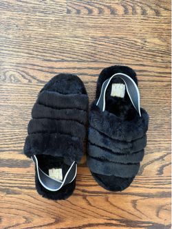Black fuzzy slides