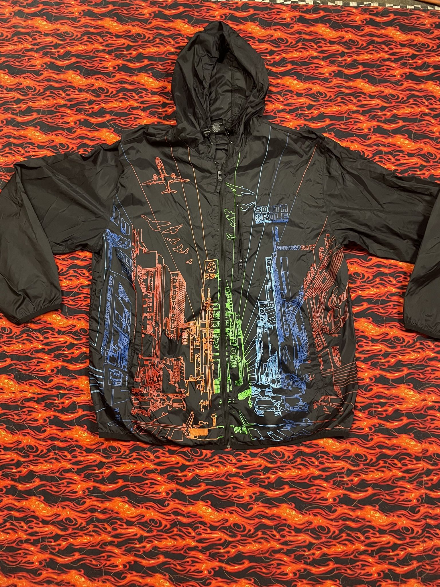 Mens Vintage Y2K South Pole Jacket XL Windbreaker Hooded Black Light Weight AOP