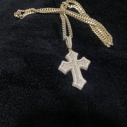 Gold and diamond cross and gold 14 karat necklace