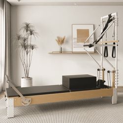 SYEDEE Pilates Reformer, Wooden Pilates Reformer Machine with Tower & Mat, Pilates Equipment for Home Workout and Studio, with Reformer Accessories, S