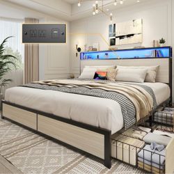 *Brand New in Box* Lifezone King Bed Frame with 2-Tier Storage Headboard, Metal Platform Bed Frame with 4 Storage Drawers, Built in Charging Station &