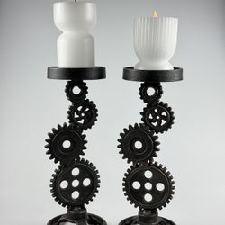 Vintage Heavy Cast Iron Cog Wheel Gear Industrial Pillar Candle Holders Set 12”H