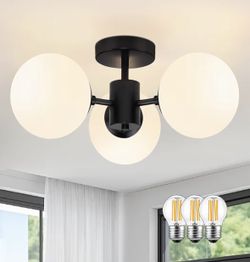 Mid Century Modern Black Semi Flush Mount Ceiling Lights 3-Light Frosted Globe Glass Black Chandelier Modern Light Fixtures Ceiling Light Fixture for 