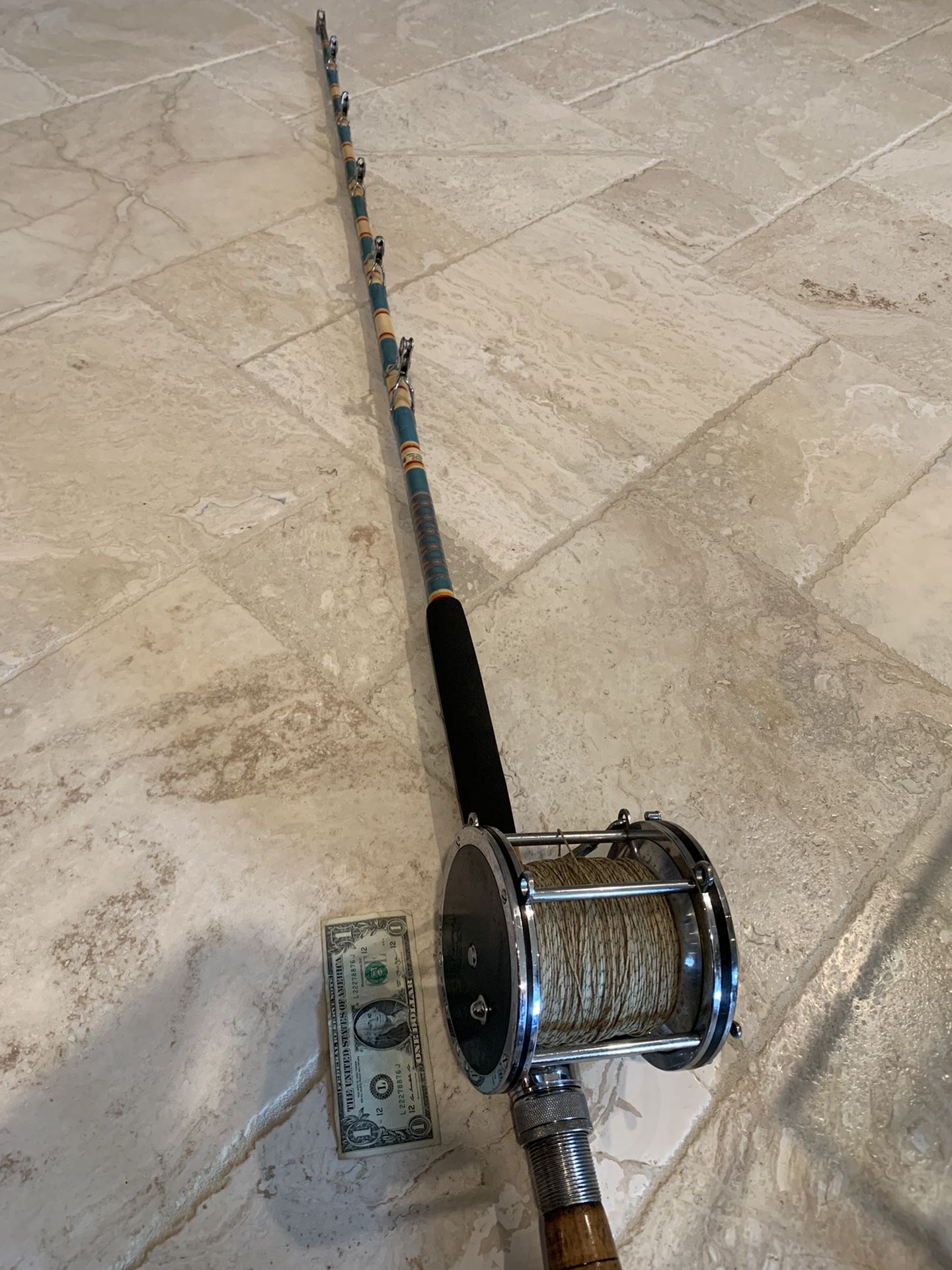 Penn 12/0 Fishing Reel With Vintage Custom Rod With Rollers 