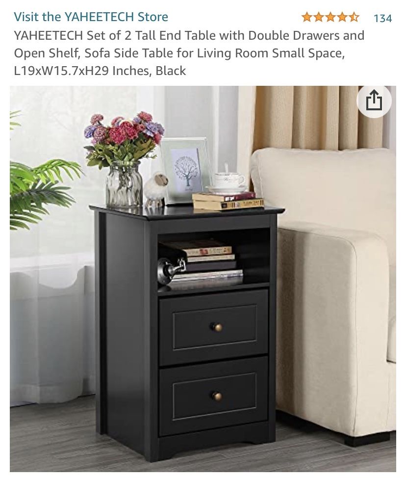 (NEW)Set of 2 Tall End Table with Double Drawers and Open Shelf, Sofa Side Table for Living Room Small Space, L19xW15.7xH29 Inches, Black