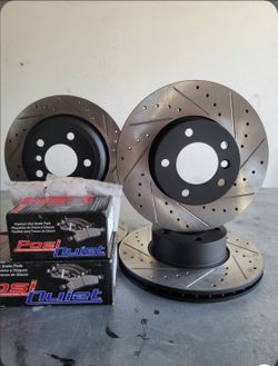 BMW 430i Gran Coupe drill slot rotors plus ceramic pads with hardware and sensors  front and rear
