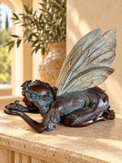 Like NEW Large Fairy Holding Bird Figurine – Bronze & Verdigris Patina – Approx. 9inches Tall