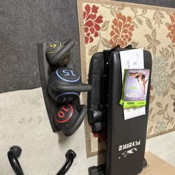 Fly Bird Weight bench, weights, yoga mat and brand new resistance bands. 