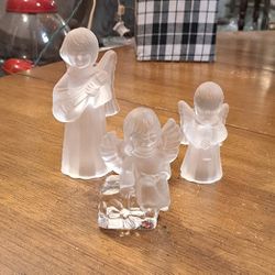 Set Of 3 Frosted Angels, 2 Taper Candle Holders Playing Instruments & 1 Crystal Cherub Made In Germany 