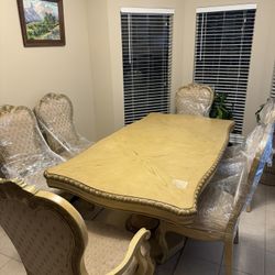 Solid Wood Dining Room Trestle Table Set With 6 Chairs