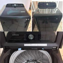 Samsung black top-loading extra-capacity washer and dryer