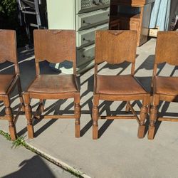Set of 4 Vintage Solid Oak Dining Chairs - Jacobean / Spanish Revival Style