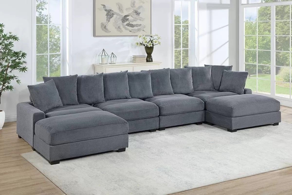 Brand New Grey Super Plush Corduroy Modular Sectional Sofa (Pillows Included)