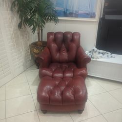 Beautiful Leather Burgundy Chair And Ottoman 
