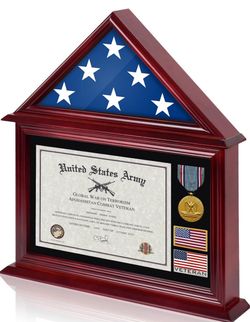 Solid Wood Flag Certificate Display Case Box with HD Tempered Glass Fit Small Folded 3'x5' American Flag(Not for 9.5'x5' Burial Flag), Veteran Militar