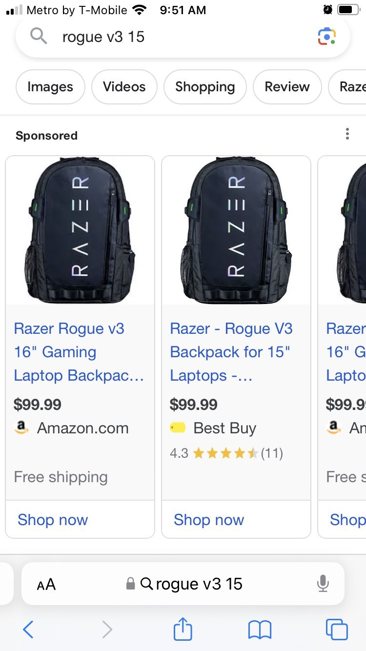 Razer Rogue 15” Gaming Laptop Backpack