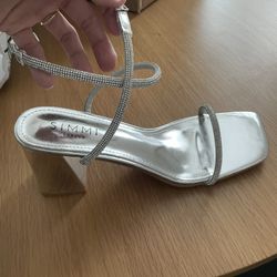 Silver Mirror Diamante Low Block Heeled Sandals