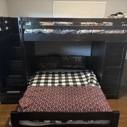 Wooden Bunk Bed With Two Mattresses And Storage Space