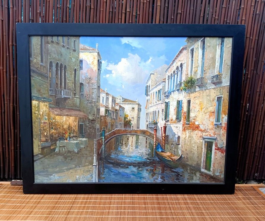 Large Hand Painted Venice Italy Canal / Med Tropical Birds