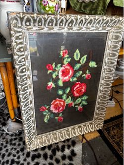 Vintage large needlepoint on black velvet red pink roses moody bouquet gold wood frame cottagecore