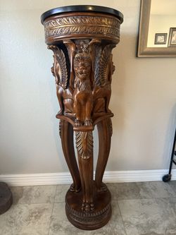Rare Marble Topped Carved Winged Cat Tall Plant Stand