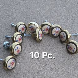 10 Vintage Amerock Knob Floral Porcelain & Brass Drawer Pulls