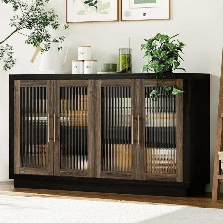55.1"W Modern Sideboard Buffet with Fluted Glass Doors, Accent Cabinet Console Table TV Stand, Black & Brown