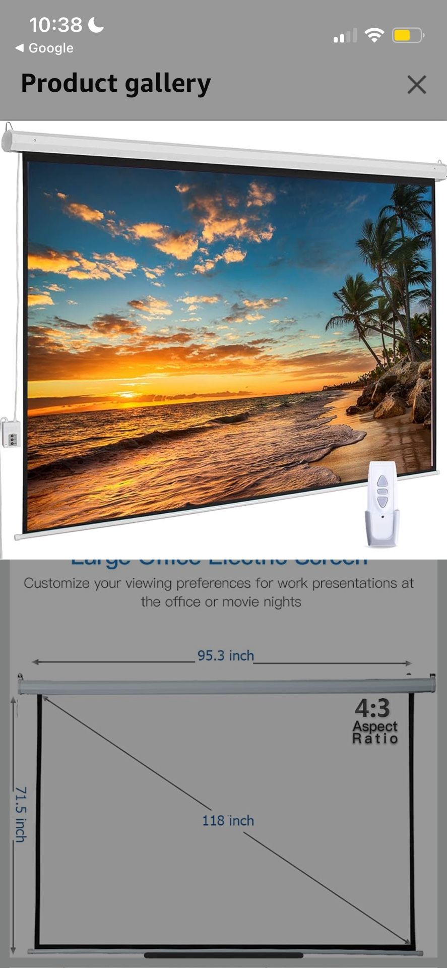 120” Motorized Projector Screen with Remote – NEW / Open Box