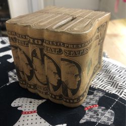 1970's Ten Dollar Bills Stacks Coin Piggy Bank Vintage Ceramic / Resin 