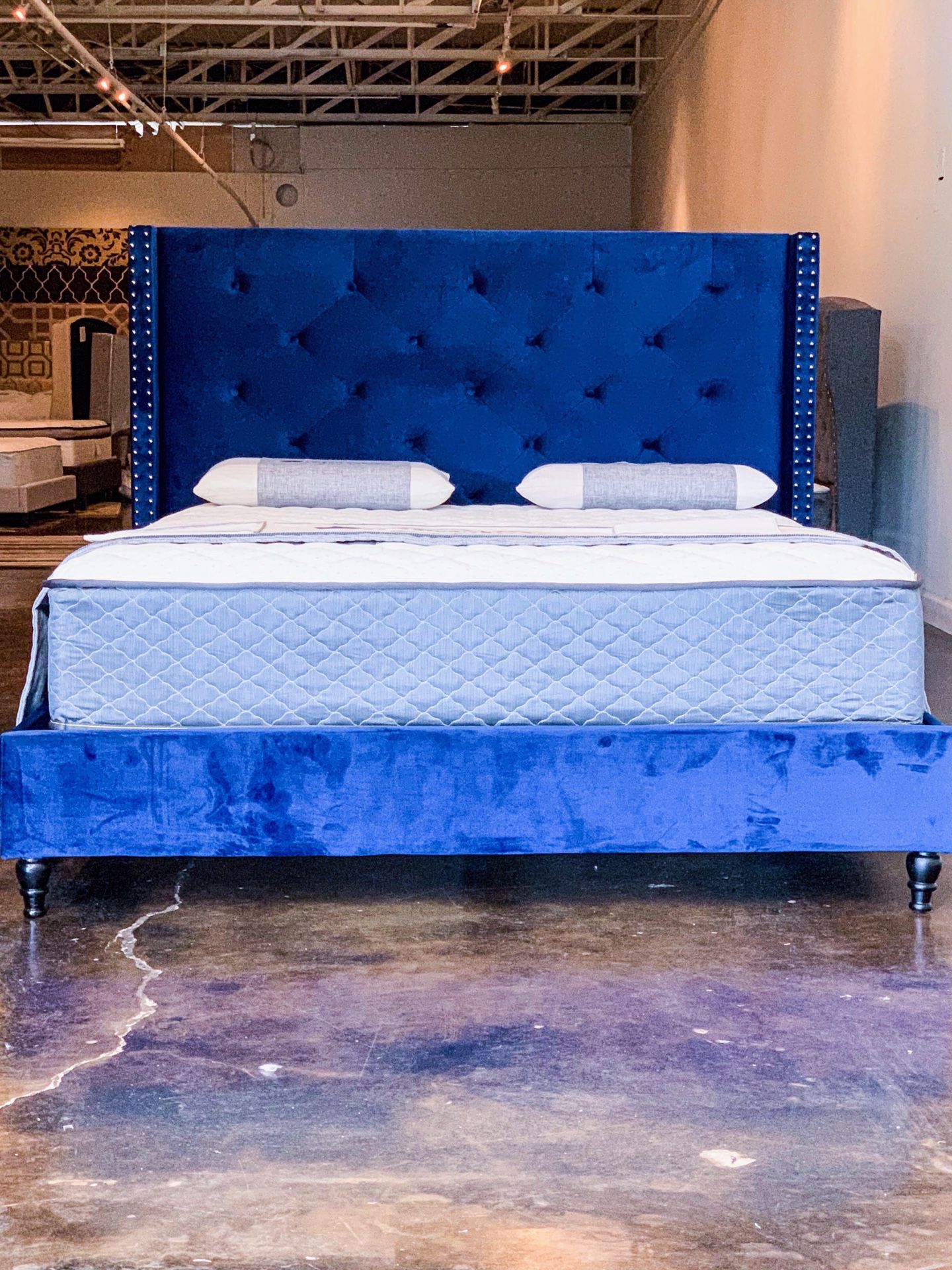 Queen navy tufted bed with quilted premium mattress $419