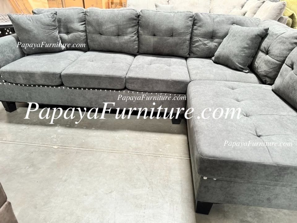 New Sectional Couch and Chaise Set Grey Fabric Nailhead Trim Sofa BIG SALE Seccional Furniture Warehouse Discount Clearance Closeout Gray