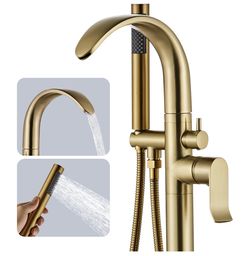 Sonmajia Freestanding Tub Filler Bathtub Faucet Stand Alone Gold Waterfall High Flow Brass Brushed Gold