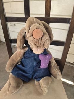 WRINKLES Dog Hand Puppet Plush Ganz Bros  18” Overalls Vintage 80s