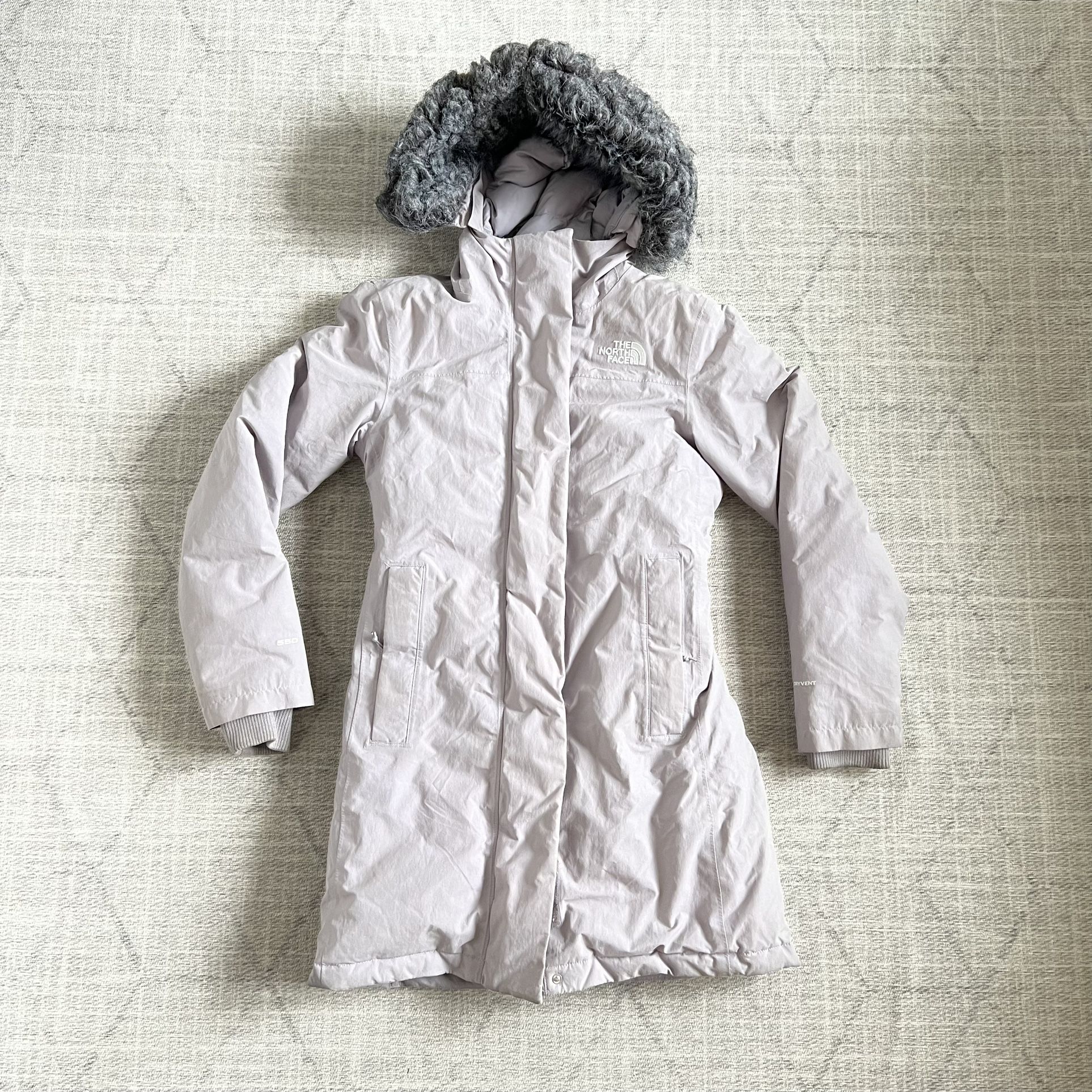 North Face Dryvent 550 Women’s Grey Winter Fur Hooded Trench Parka Coat Jacket