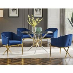 Elegant Round 5 Piece Dining Set Blue Velvet Chairs With Gold Plated Legs Glass Top Table With Acrylic & Gold Legs Firm Price $1,399 Financing Availa