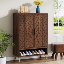 new assembled Walnut Shoe Cabinet with Doors, 6-Tier 24 Pairs Shoe Storage Cabinet for Entryway, Wooden Entryway Shoe Cabinet with Adjustable Shelves