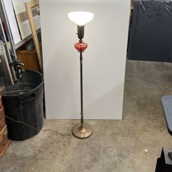 Vintage Floor Lamp Brass Torchere With Red Glass Feature 48” 