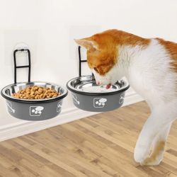 Torlam Elevated Wall-Mount Cat Bowls, Stainless Steel, 2-Pack, Grey