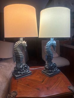 Pair of Seahorse Table Lamps with white shades