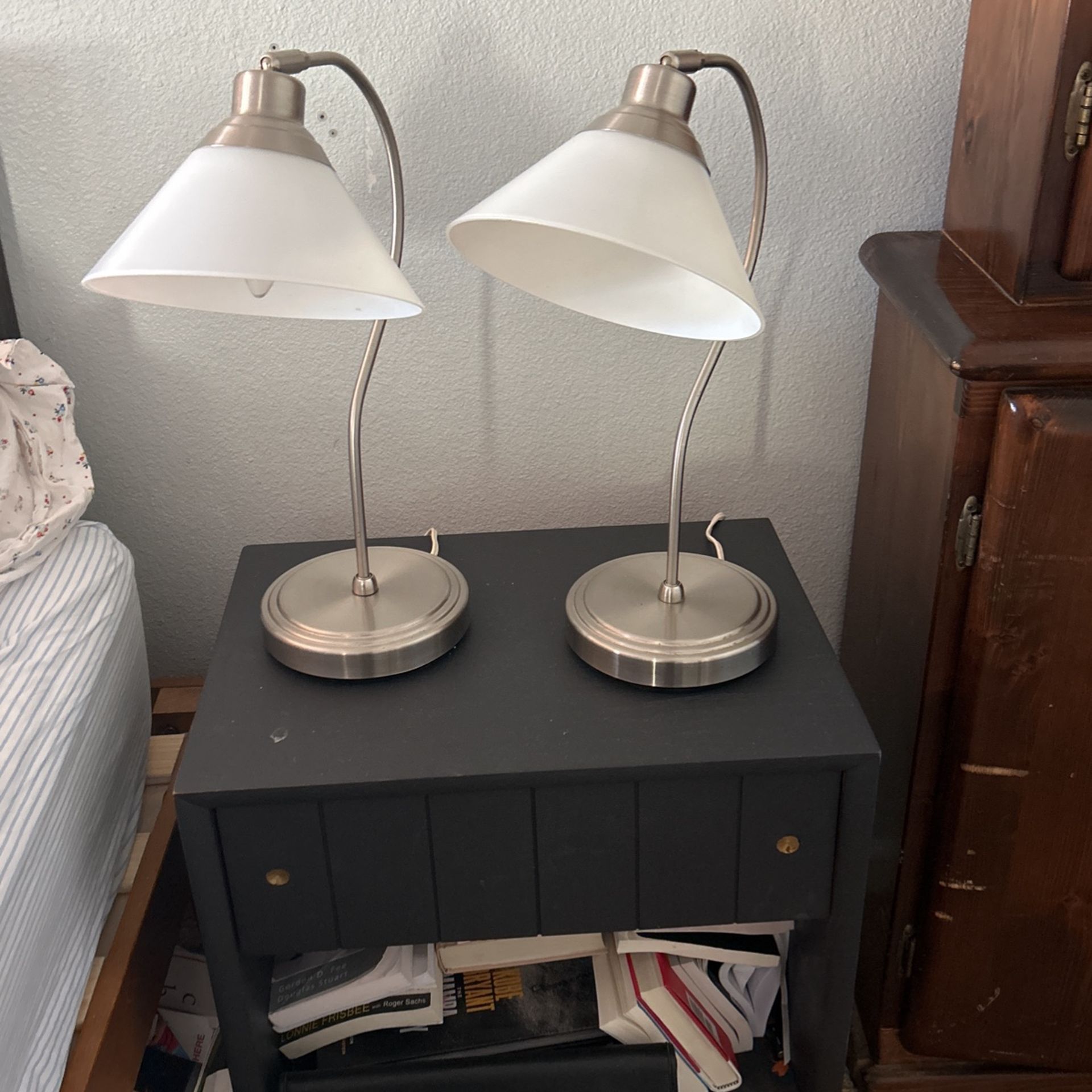 Pair Of Vintage IKEA Kroby Lamps Nickel Plated Milk Glass Adjustable