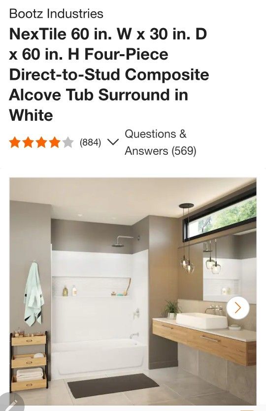 NexTile 60 in. W x 30 in. D x 60 in. H Four-Piece Direct-to-Stud Composite Alcove Tub Surround in White